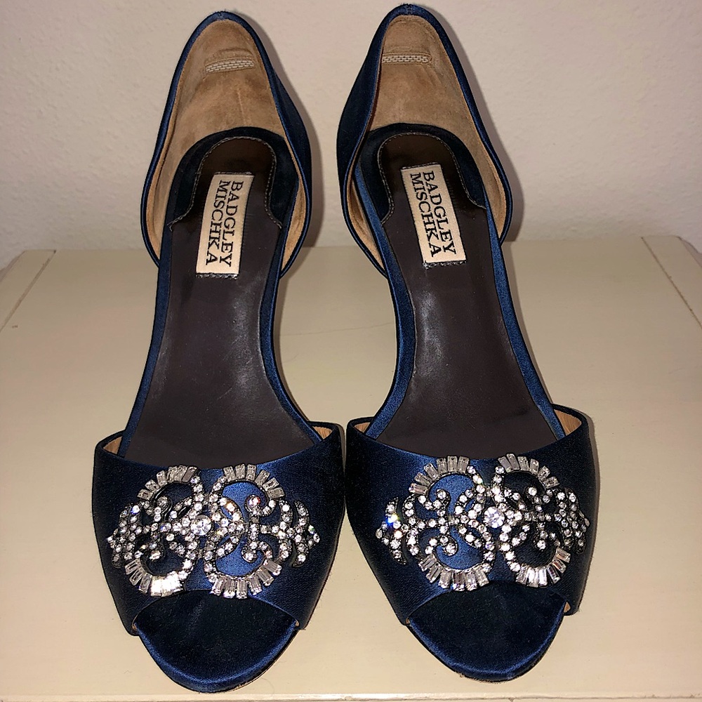 Badgley Mischka Navy Satin “Salsa” Heels
